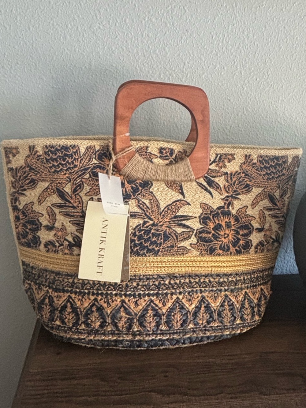 Antik Kraft Navy Floral Jute Tote with Tan Wood Handles NWT